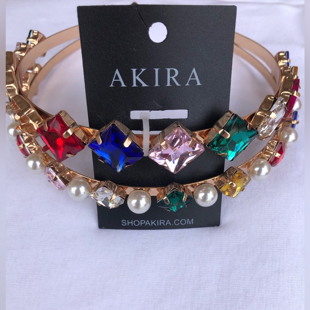 AKIRA Gold Multi-Color Crystal & Pearl Headband. NWT.